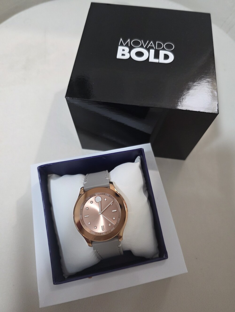 Movado Bold Rose Gold Dial Watch with Light Gray Strap
